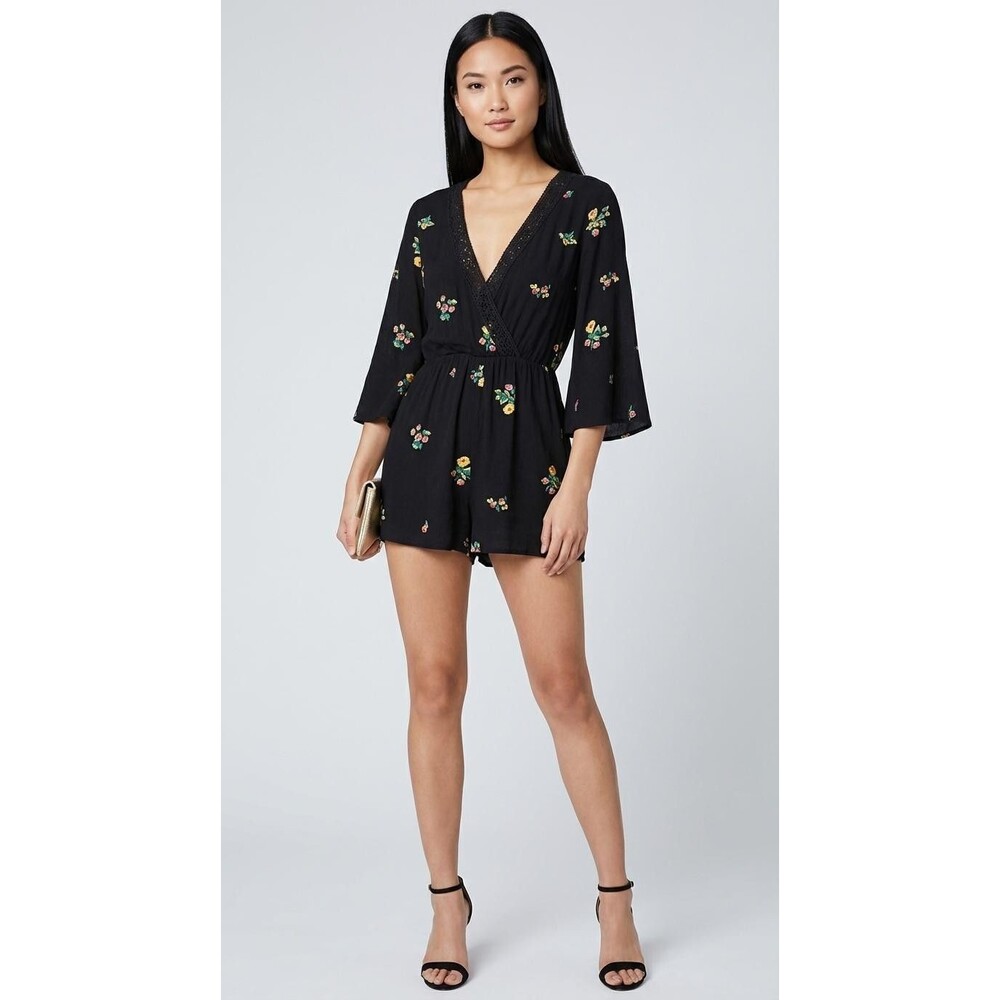 Zara Romper Jumper Womens Small Black Floral V Neck Bell Sleeve Pockets Lined